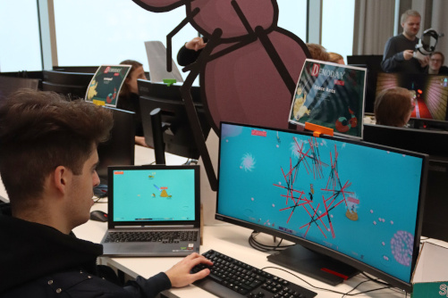 Student videogame 'Subterfuge' being played in Demoday fall 2025.