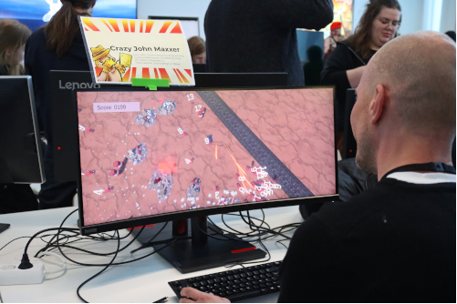 'Crazy John Maxxer' videogame being played at Gamelab Demoday event.