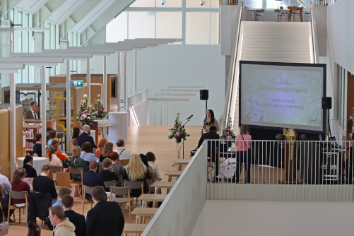 Graduation ceremony being held in the library of Kotka campus.